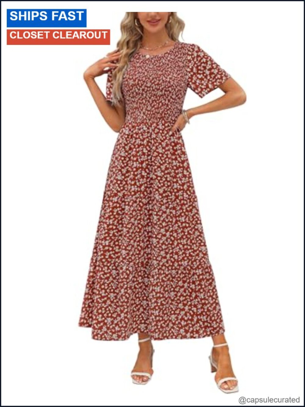 Womens Smocked Maxi Dress Short Sleeve Floral Boho Wedding Guest Tiered